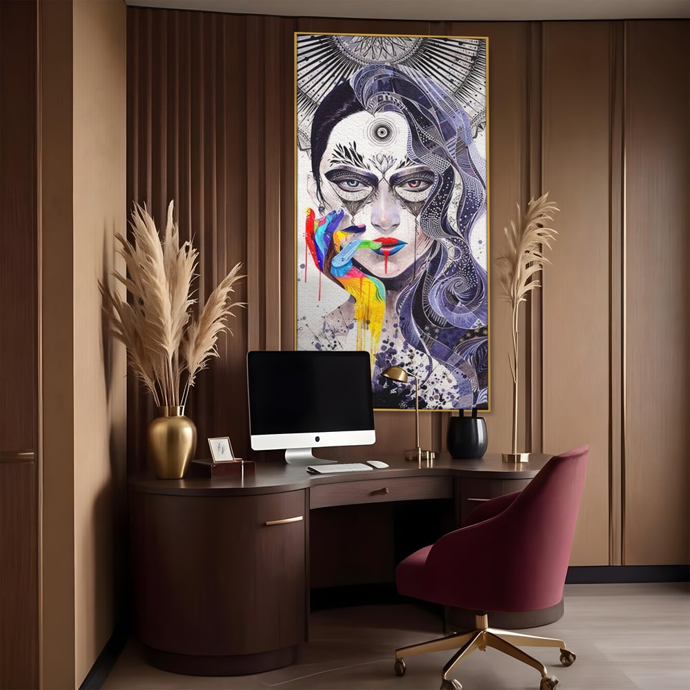Tablou canvas cu tablou canvas cu portret abstract feminin, in rama de aluminiu auriu, pe perete intr-un birou